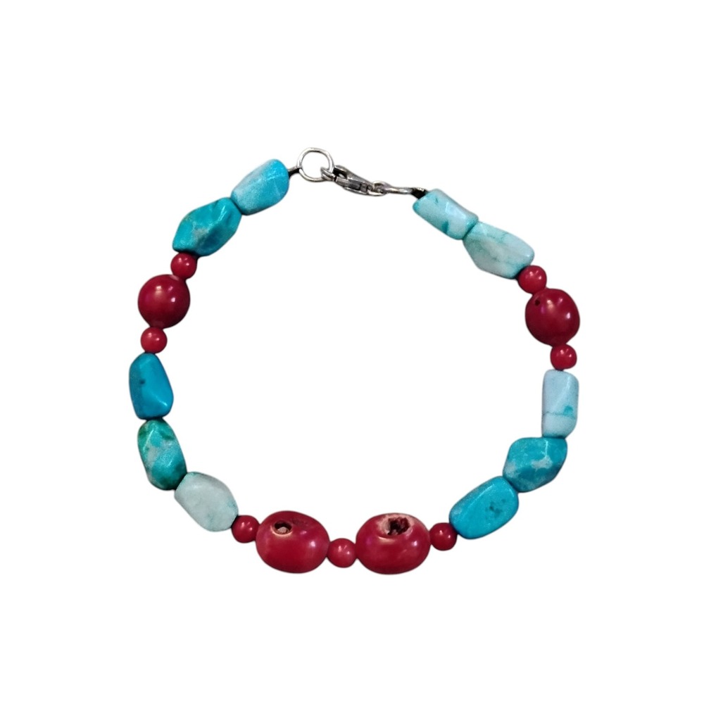 Turquoise Red Coral Beaded Bracelet 925 Sterling Silver Clasp Southwest Boho